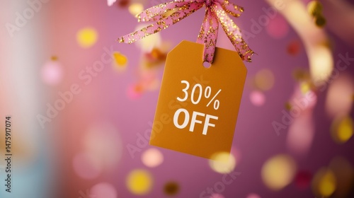 Obraz na płótnie A discount tag showing 30 percent off is suspended in a vibrant setting filled with festive decorations and confetti, creating a celebratory mood w salonie