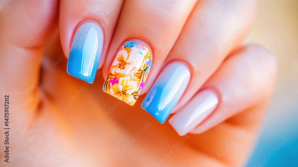 Detailed nail art showcases a floral pattern on one nail and a blue gradient on surrounding nails, highlighting creativity and skill
