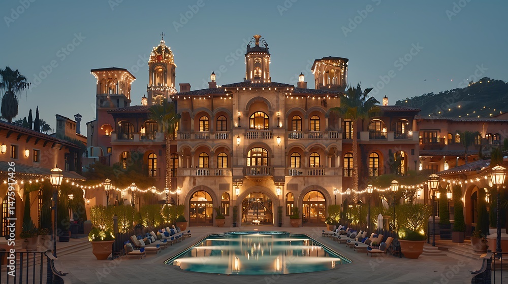 Fototapeta premium Luxurious Resort Illuminated At Night With Pool And String Lights