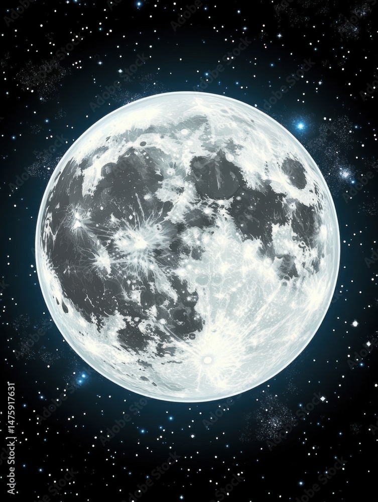 Fototapeta premium Full Moon in Starry Night Sky Close Up Digital Art Celestial Body Lunar Surface Craters Space Exploration