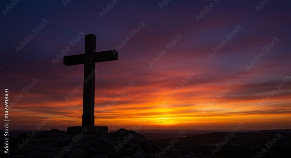 Peaceful sunset with silhouette of cross on rocky hill for spiritual reflection and tranquility