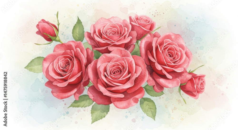 Elegant bouquet of red roses with soft watercolor background for floral decor
