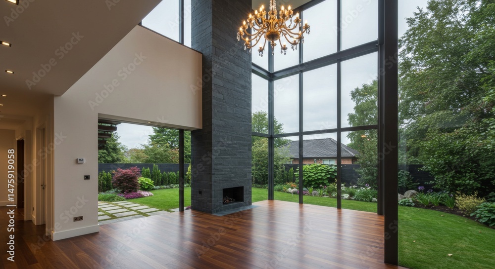 Modern living room with large windows and garden view featuring wooden floor and elegant chandelier
