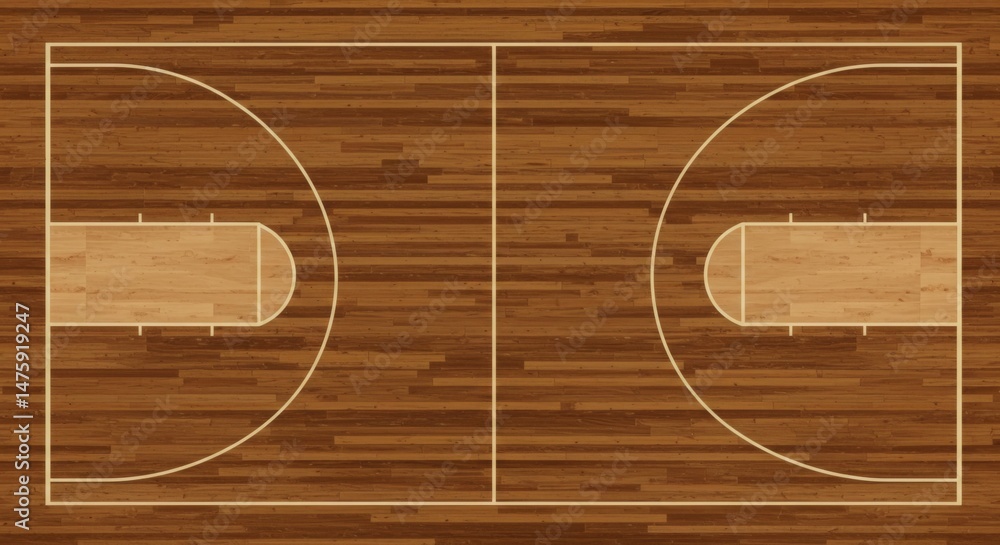 Wooden basketball court layout, top view design for sports projects and athletic concepts