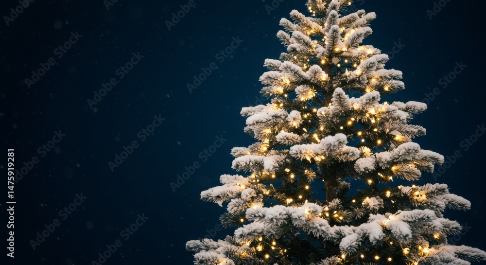 Snow-covered christmas tree with twinkling lights under night sky