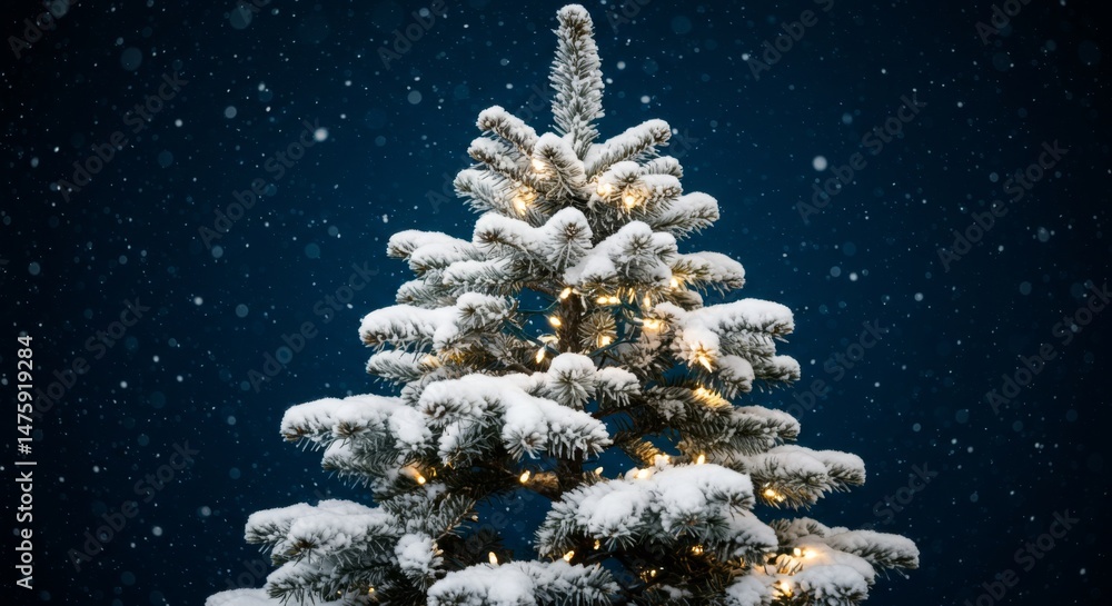 Snow-covered christmas tree with lights in winter wonderland scene