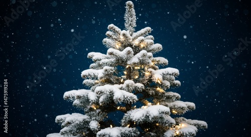 Obraz na płótnie Snow-covered christmas tree with lights in winter wonderland scene w salonie
