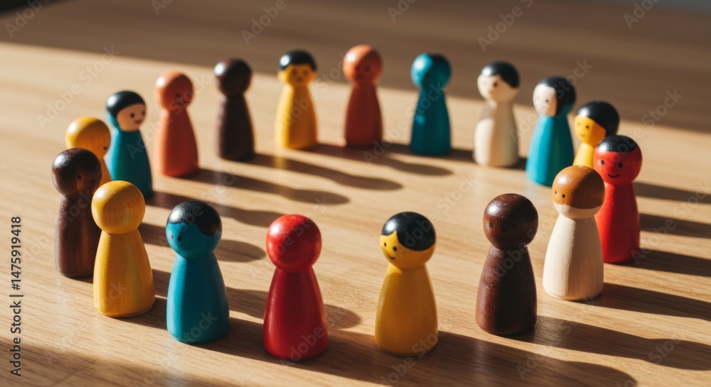 Multicolored wooden figures in a circle representing teamwork and diversity concept