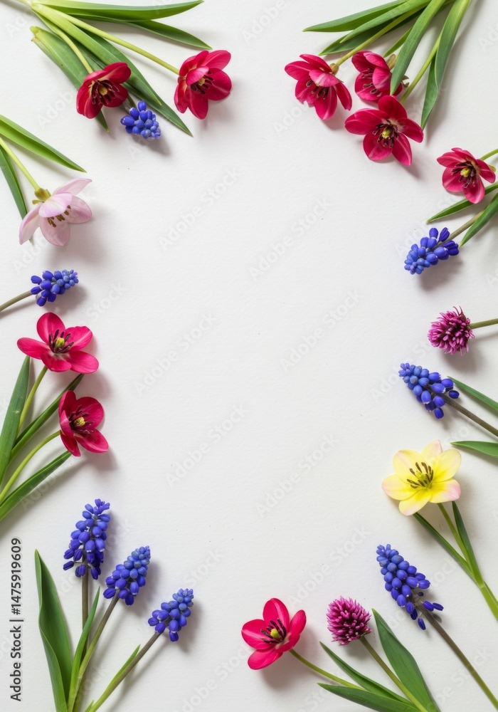 Colorful spring floral frame with red, pink, and yellow flowers on white background for seasonal decoration