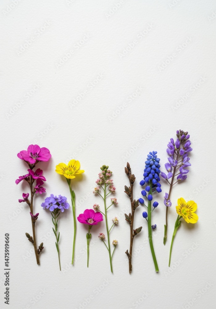 Colorful array of spring wildflowers on white background for botanical design