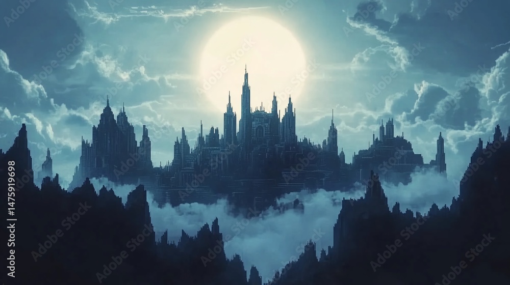 Obraz premium Mystical Moonlight Cityscape: A Gothic Metropolis in Ethereal Light