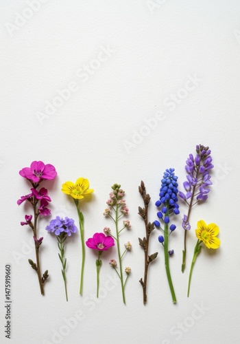 Obraz na płótnie Colorful array of spring wildflowers on white background for botanical design w salonie