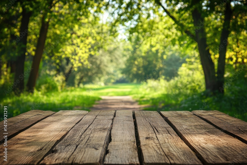 Fototapeta premium Rustic wooden table overlooking a sunlit path through a lush green forest in springtime, eye-level perspective, tranquil scene