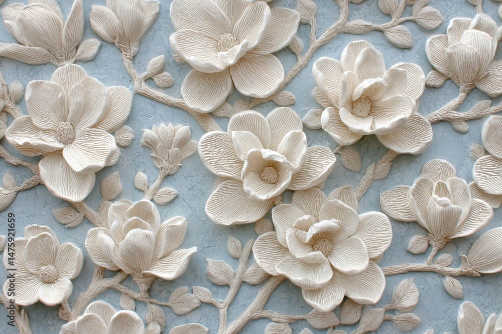 Ornate magnolia blossoms embossed on a light blue surface. Ornate magnolia blossoms embossed on a light blue surface.