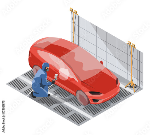 Automotive technician in protective gear painting a red vehicle in a spray booth as part of car body repair and refinishing process in an auto body shop