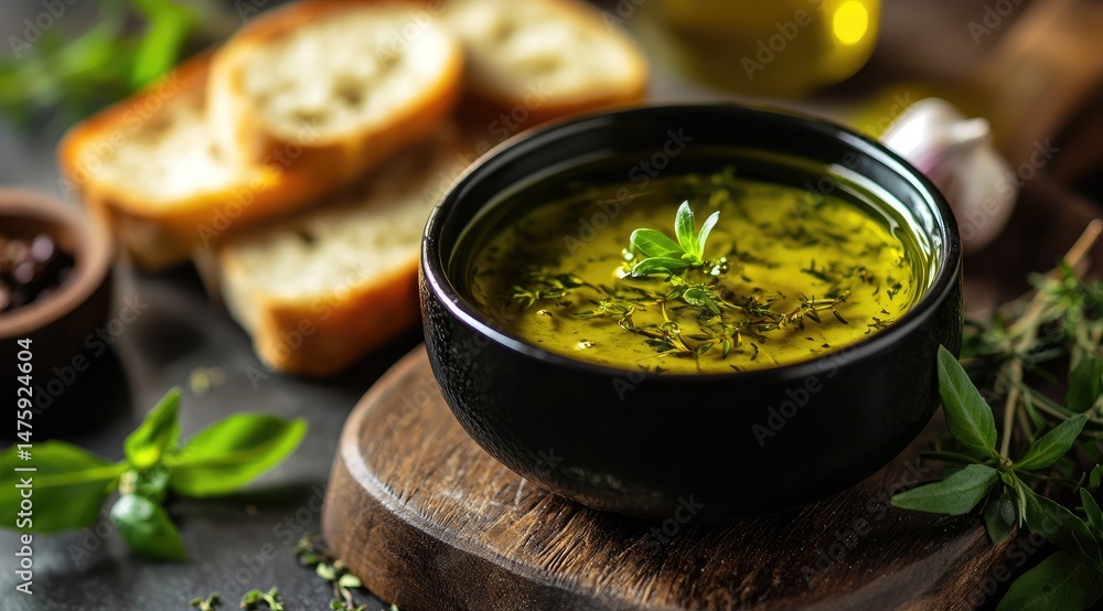 Herb-infused oil in a bowl with crusty bread Herb-infused oil in a bowl with crusty bread