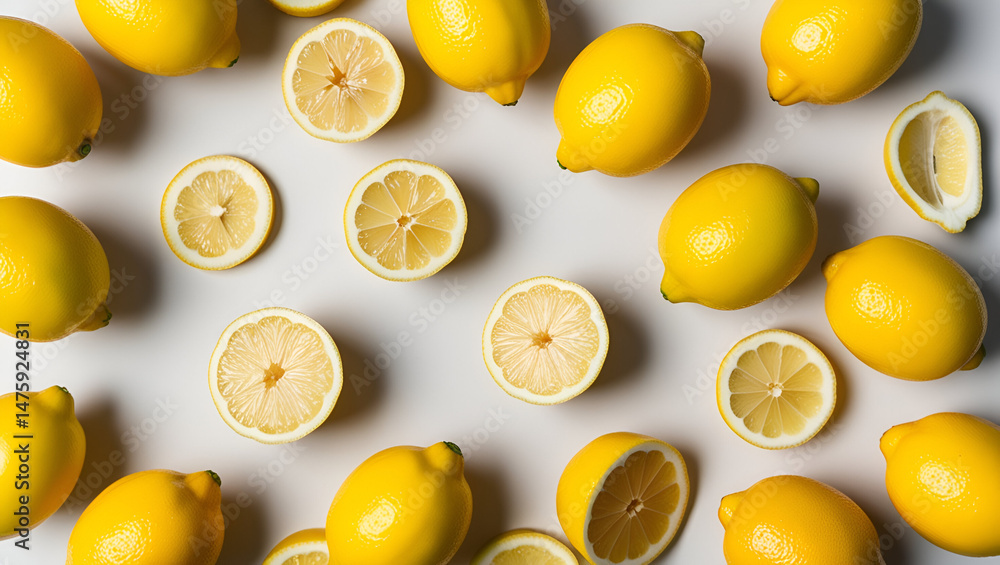 Top view collection of fresh yellow lemons, halved, sliced, and quartered, scattered randomly