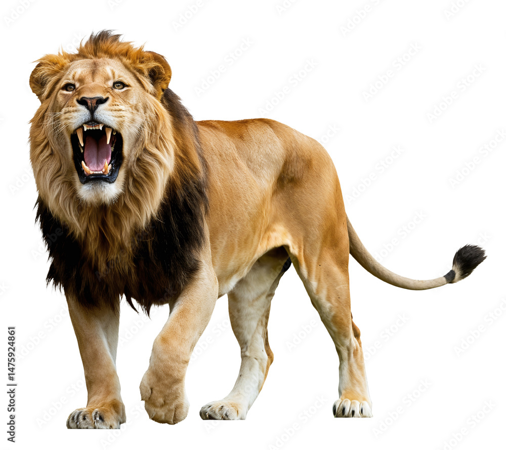 Obraz premium Majestic Male Lion Roaring Against White Background