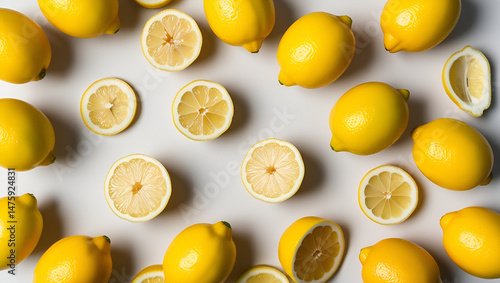 Obraz na płótnie Top view collection of fresh yellow lemons, halved, sliced, and quartered, scattered randomly w salonie