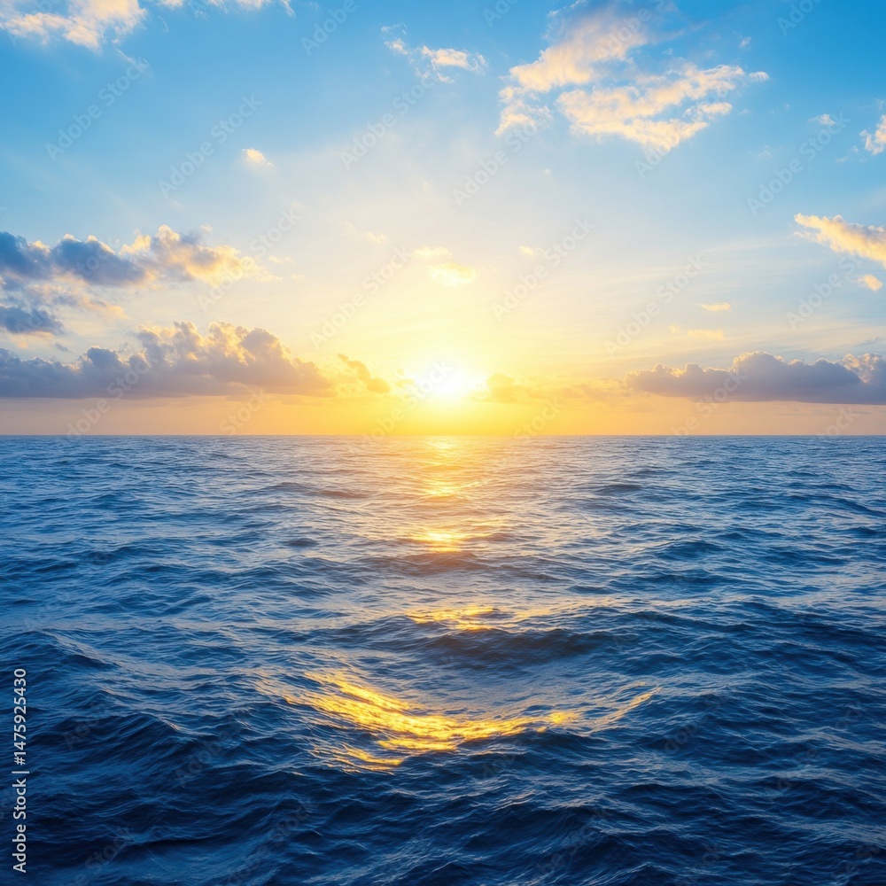 Obraz premium Ocean horizon at sunrise as sun reflects on water surface in wide angle shot with blue sky and clouds