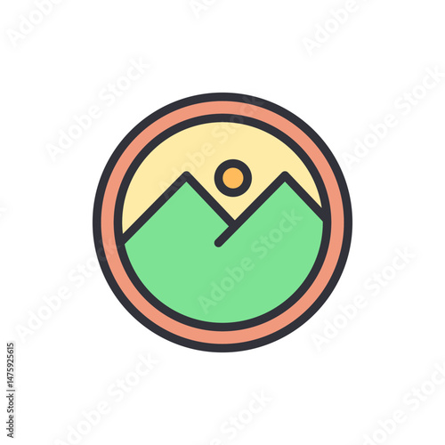 Scenic Vista Encapsulated Round Emblem With Mountain Peak Silhouette