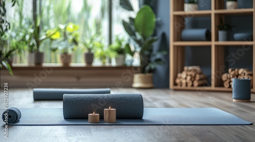 A peaceful floor setup with a yoga mat, blocks, and a bolster, creating a perfect atmosphere for mindfulness and meditation.