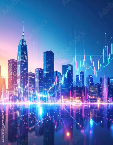 A vibrant city skyline at night, illuminated by colorful neon lights, features dynamic graphs overlaying the buildings, symbolizing urban growth and innovation.