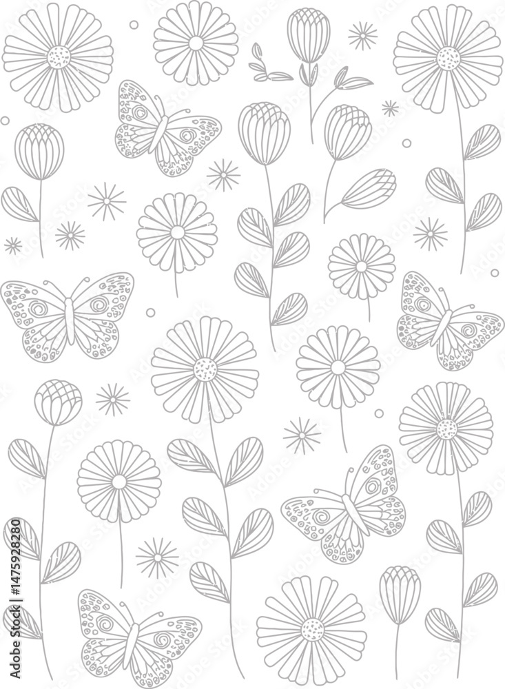 Elegant floral and butterfly illustration in monochrome style with seamless design elements for various uses. Elegant floral and butterfly illustration in monochrome style with seamless design elements for various uses.