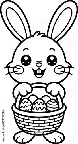 Adorable easter bunny holding basket filled with decorated easter eggs in outline style