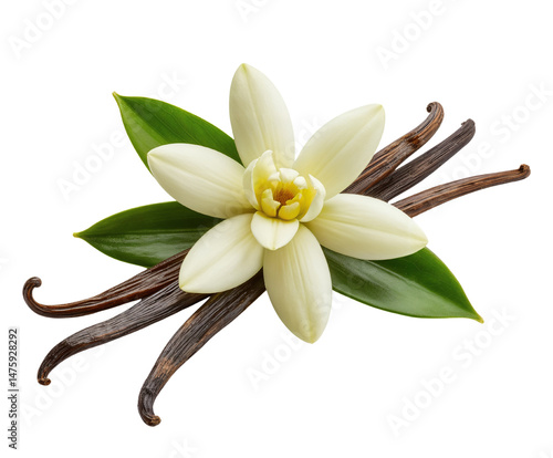 Delicate Vanilla Flower with Fresh Green Leaves and Beans