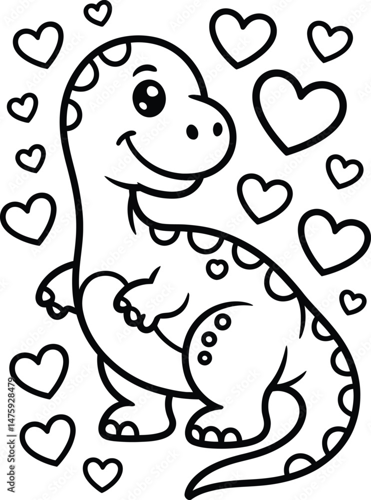 Adorable cartoon dinosaur with hearts illustration for kids and coloring pages Adorable cartoon dinosaur with hearts illustration for kids and coloring pages