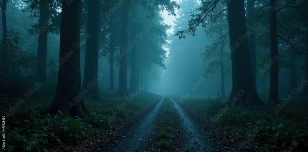 Obraz premium Fog-laden path through spooky woods, dim light , orange, yellow