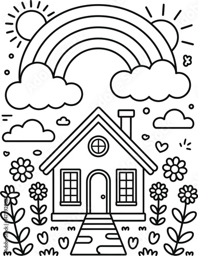 Charming hand drawn scene featuring a house under a rainbow with clouds, sunshine and flowers
