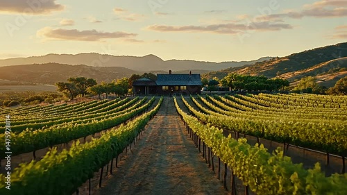 Vineyard landscape at sunset with farmhouse backdrop