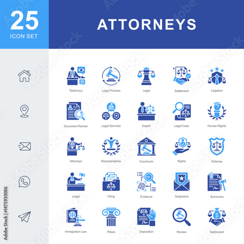 Attorneys icon set featuring icons for legal services, courtroom procedures, litigation, and professional representation. Ideal for law offices, legal consultations, and justice system visuals.