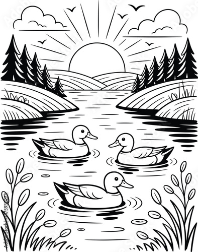 Black and white illustration of ducks swimming in a lake at sunset with natural landscape