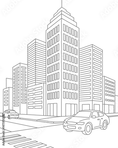 Urban cityscape illustration featuring skyscrapers cars and a pedestrian crossing in monochromatic outline