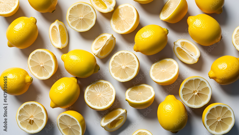 Flat lay of vibrant yellow lemon fruits, cut into halves, slices, and quarters, arranged in a scattered layout