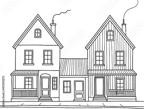 Charming hand drawn illustration of two houses with smoke in a simple black and white style