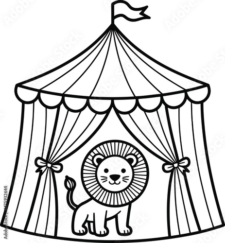 Adorable cartoon lion inside a circus tent ready for performance or entertainment activities