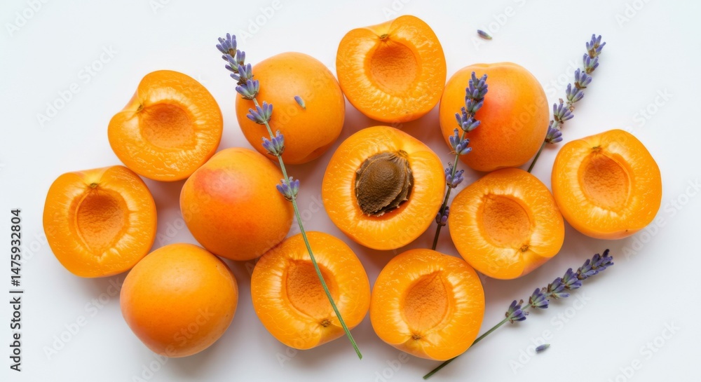 Fresh apricots and lavender arrangement on white background for natural aesthetic and wellness concept