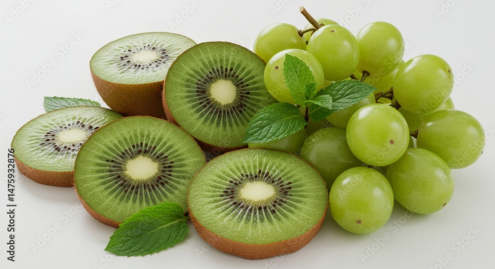 Fresh kiwi and green grapes arrangement with mint on white background