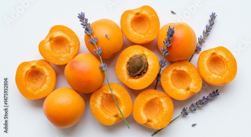 Obraz na płótnie Fresh apricots and lavender arrangement on white background for natural aesthetic and wellness concept w salonie