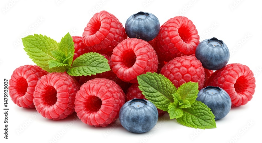 Fresh raspberries and blueberries with mint leaves for healthy eating and summer recipes