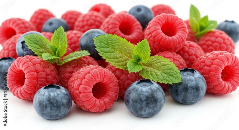 Fresh raspberries and blueberries with mint leaves for healthy summer snacks