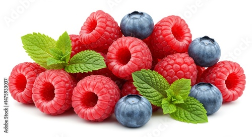 Obraz na płótnie Fresh raspberries and blueberries with mint leaves for healthy eating and summer recipes w salonie