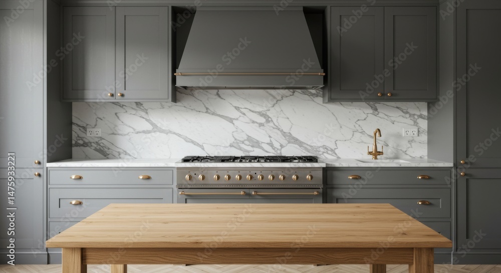 Modern kitchen interior with gray cabinets and marble backsplash featuring wooden table