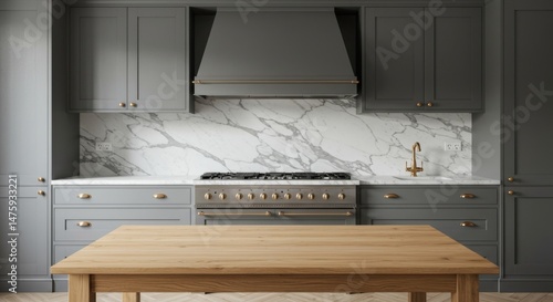 Modern kitchen interior with gray cabinets and marble backsplash featuring wooden table