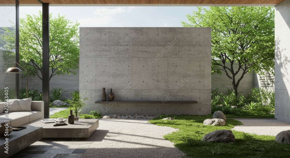 Modern minimalist outdoor patio with concrete wall and lush greenery for relaxation space