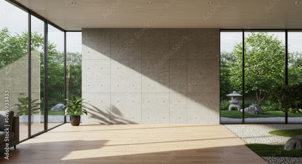 Modern minimalist interior with large windows overlooking zen garden design space